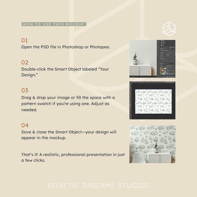 May include: A mockup guide with instructions on how to use a PSD file in Photoshop or Photopea. The steps include opening the file, double-clicking the smart object, and saving the design. The image also shows a sample design.