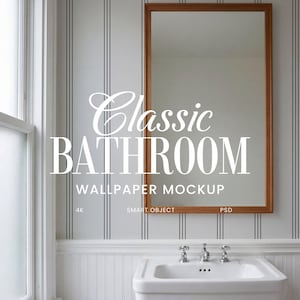Op de afbeelding: Een badkamer mockup met een houten spiegel, een witte wastafel met chromen kranen en een witte muur met zwarte krijtstrepen. De tekst "Classic BATHROOM Wallpaper Mockup" is over de afbeelding geplaatst.