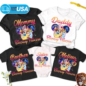 Chemise d&#39;anniversaire de princesse personnalisée, chemise de fête d&#39;enfant d&#39;anniversaire de famille de fille, thème du château de princesse, t-shirt de princesse aligné