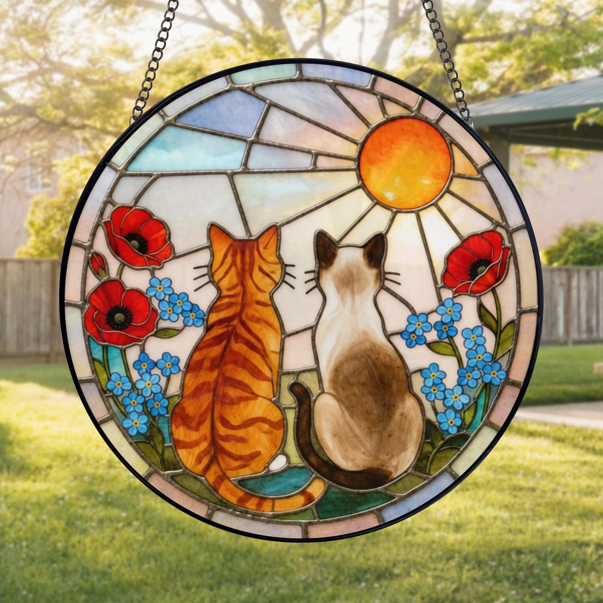 Personalized Cat With Flowers Couple Garden Suncatcher Stained Glass ...