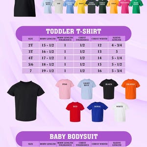 Peut inclure: Image pr&eacute;sentant un tableau des tailles pour les t-shirts pour jeunes, les t-shirts pour tout-petits et les bodies pour b&eacute;b&eacute;s. Le tableau comprend des mesures en pouces pour la longueur du corps, la largeur de la poitrine et la longueur des manches. Diverses couleurs de t-shirts et de bodies sont affich&eacute;es.
