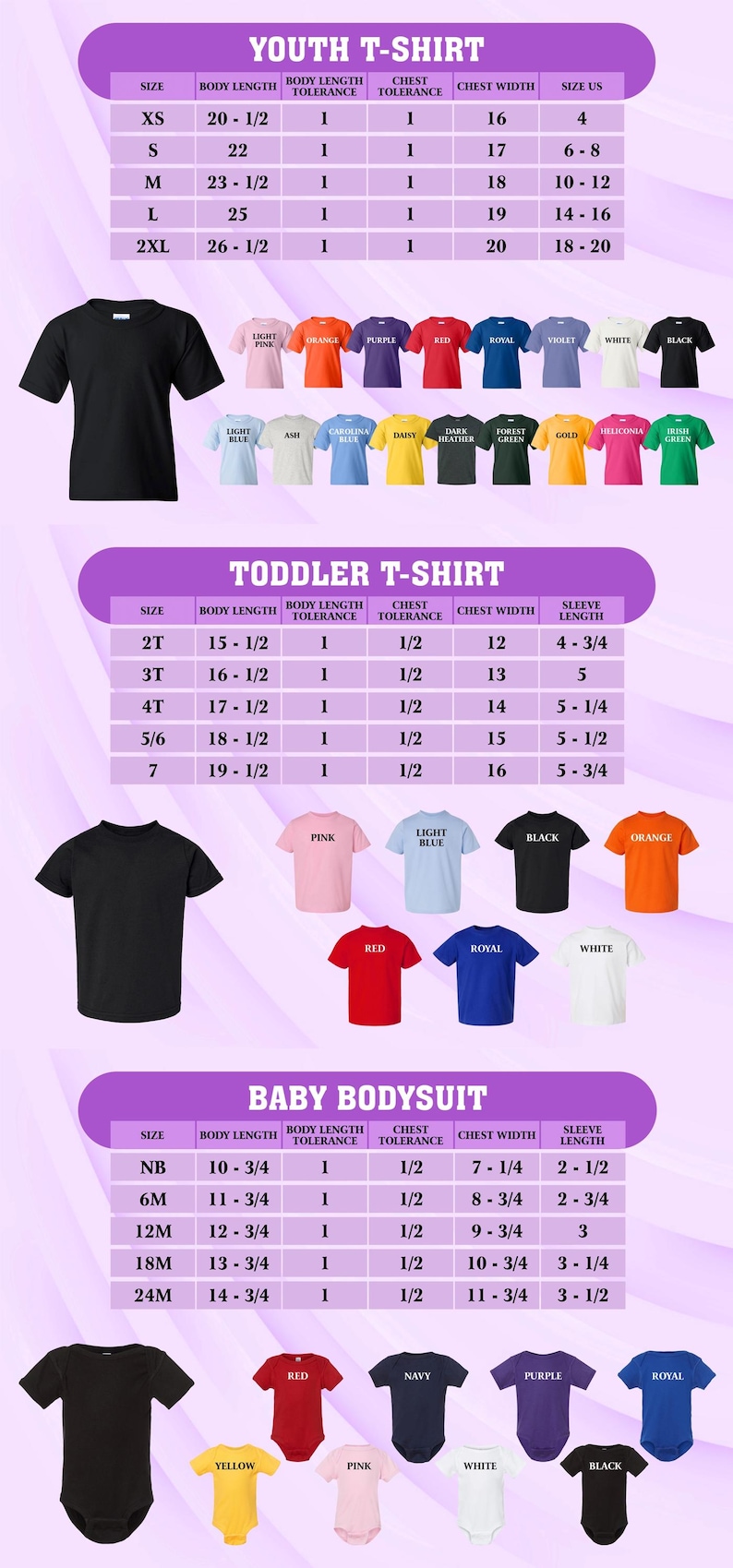 Peut inclure: Image pr&eacute;sentant un tableau des tailles pour les t-shirts pour jeunes, les t-shirts pour tout-petits et les bodies pour b&eacute;b&eacute;s. Le tableau comprend des mesures en pouces pour la longueur du corps, la largeur de la poitrine et la longueur des manches. Diverses couleurs de t-shirts et de bodies sont affich&eacute;es.