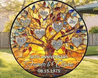 Personalized Tree of Life 50th Anniversary Stained Glass Suncatcher, Custom Tree Of Life Glass Suncatcher, Family Members Name Home Decor