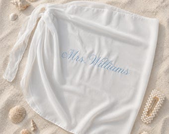 Personalized Embroidered Beach Wrap for Honeymoon And Bachelorette, Mrs Bride Beach Skirt Cover Up Sarong, Bride To Be Beach Wrap Skirt