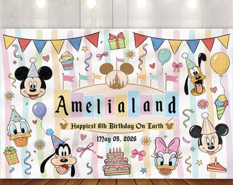 Personalised Mickey And Friends Birthday Backdrop, Mickey Birthday Banner, WDW Party Decor, Kids Birthday Party