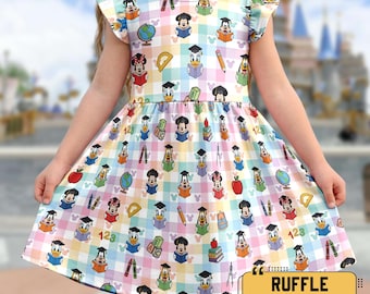 Personalised Back To School Ruffle Dress, Mickey & Friends Dress Skirt, First Day Of School Outfit, Girls Preschool First Grade Dress
