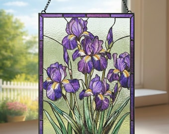 Attrape-soleil en vitrail fleur d'iris violet, décoration de fenêtre pour les amateurs de fleurs, cadeau fleur pour le mois de naissance pour elle, tenture de fenêtre pour les amoureux de la nature