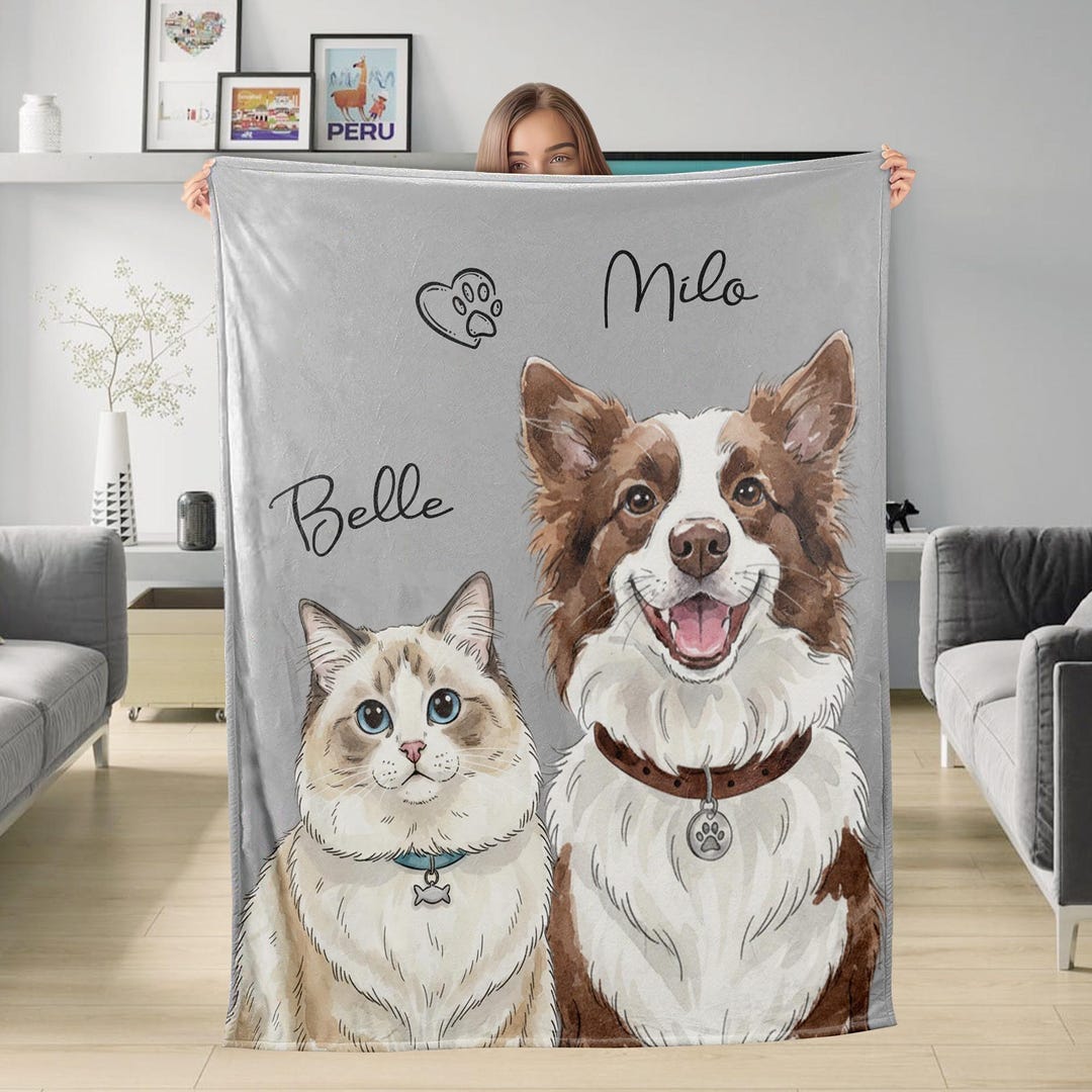 Custom Pet Photo Blanket With Name, Personalized Dog Cat Blanket, Pet ...