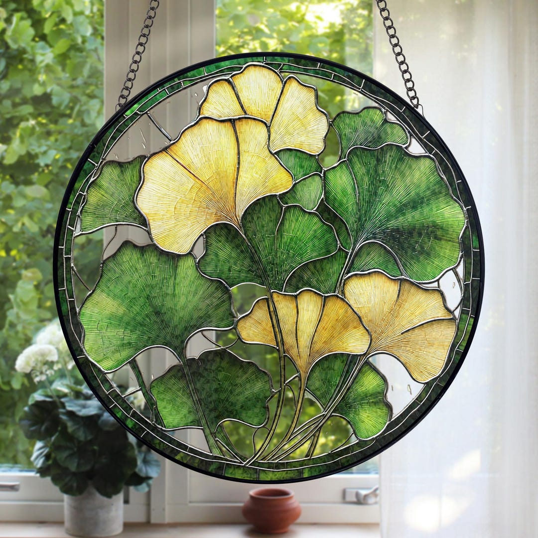 Gingko Window Round Ginkgo Leaf Stained Glass Suncatcher, Ginkgo Window Hanging, Gift ...
