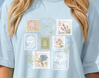 Vintage Floral Stamp Collage T-Shirt, Comfort Colors Botanical Tee