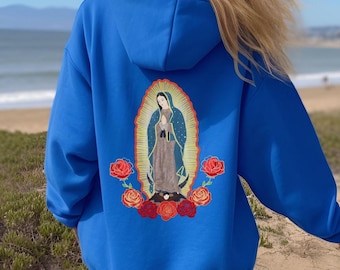 Our Lady Of Guadalupe Hoodie, Virgin Mary Sweatshirt, Catholic Hoodie, Virgen De Guadalupe Gift, Oversized Religious Pullover