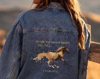 Where the Spirit Rides Faith Follows Denim Jacket, Personalized Christian Horse Gift, Bible Verse Cowgirl Jean Jacket, Watercolor Horse Gift