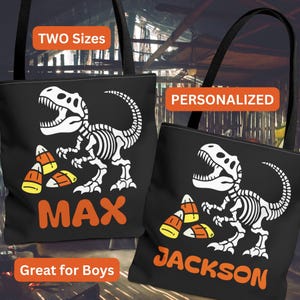 Personalized Trick or Treat Bag Halloween Candy Bag Custom Trick-or-Treat Bag Kids Candy Bag Boys Trick or Treat Tote Dinosaur Skeleton Bag