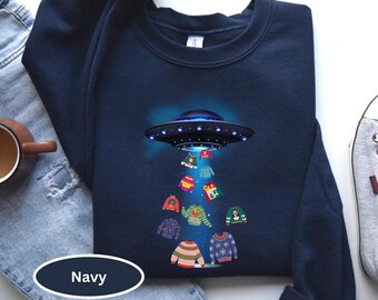 Alien Christmas Sweatshirt, Funny UFO Christmas Sweater, Sci-Fi Christmas Gift, Spaceship Holiday Shirt, Extraterrestrial Party Top