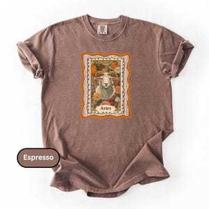 May include: Espresso-colored t-shirt featuring a framed Aries zodiac sign graphic. The graphic includes a ram surrounded by flowers and the word "Aries". The shirt has a crew neck and short sleeves.
