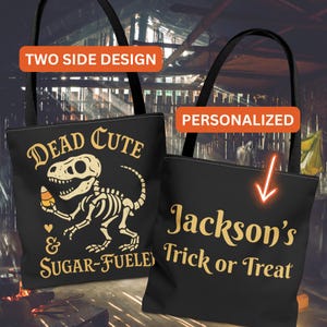 Personalized Trick or Treat Bag Halloween Candy Bag Custom Trick or Treat Bag Kids Candy Bag Boys Trick or Treat Tote Dinosaur Skeleton Bag