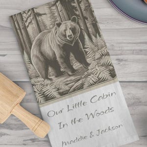 Personalized Kitchen Towel, Custom Cabin Decor Rustic Lodge Kitchen Tea Towel Vintage Bear Lovers Graphic Housewarming or Second Home Gift
