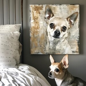 May include: A square canvas painting of a Chihuahua dog with a light brown and white coat, large dark eyes, and prominent ears. The background features textured brushstrokes in shades of brown and beige. A real Chihuahua dog is in the foreground.