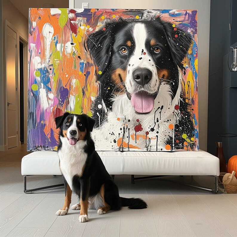 May include: A vibrant abstract painting of a Bernese Mountain Dog with paint splatter effects. A real Bernese Mountain Dog sits in front of the painting. The dog has black, white, and brown fur.