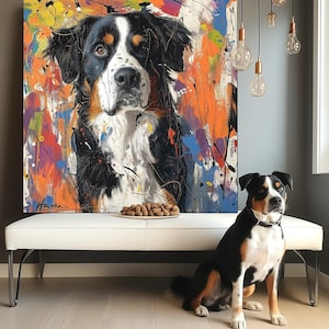 May include: An abstract painting of a Bernese Mountain Dog with a vibrant background. A real Bernese Mountain Dog sits in front of the painting. A white bench with a plate of treats is in front of the painting.