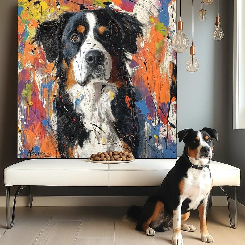 May include: An abstract painting of a Bernese Mountain Dog with a vibrant background. A real Bernese Mountain Dog sits in front of the painting. A white bench with a plate of treats is in front of the painting.