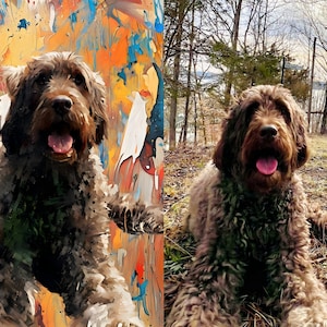 May include: A brown Goldendoodle dog with a fluffy coat and open mouth, tongue visible. The dog is lying down in a grassy area with trees in the background. The image is split, with an abstract painting on the left.