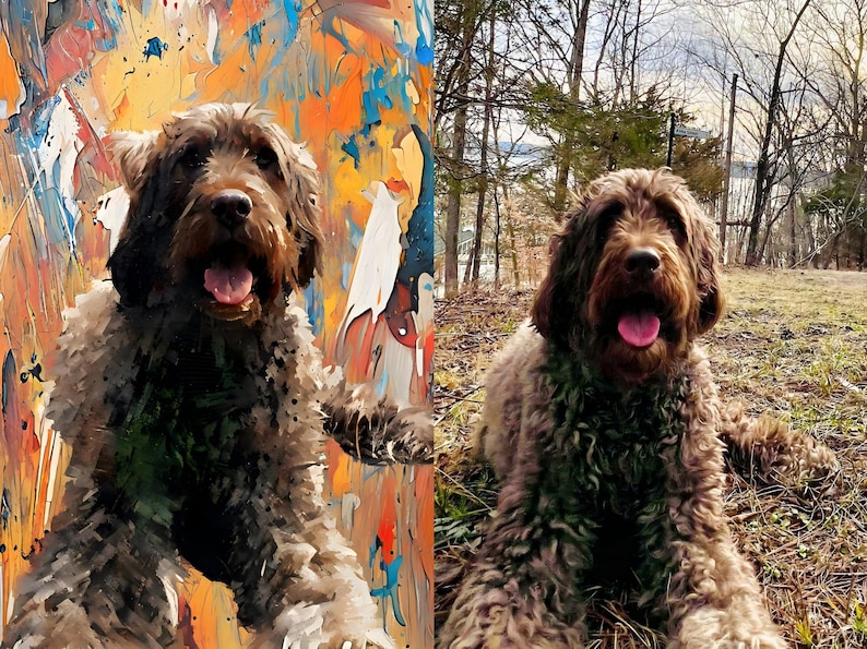 May include: A brown Goldendoodle dog with a fluffy coat and open mouth, tongue visible. The dog is lying down in a grassy area with trees in the background. The image is split, with an abstract painting on the left.