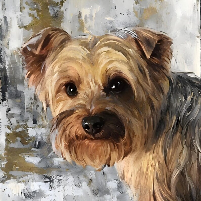 May include: A detailed painting of a Yorkshire Terrier dog. The dog has brown and tan fur, with dark eyes and a black nose. The background is a mix of white, gray, and gold brushstrokes, creating a textured effect.