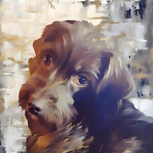 May include: An oil painting of a dog with brown fur and a focused gaze. The dog's fur is a mix of dark and light browns, with highlights that catch the light. The background is a blend of white, gray, and gold brushstrokes, creating a textured effect.