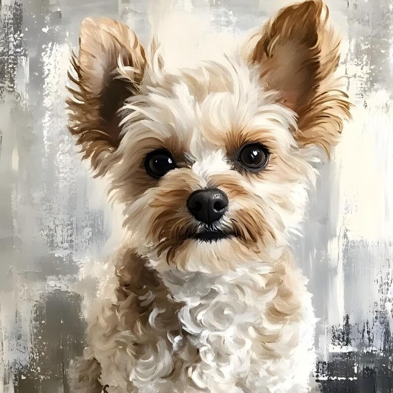 May include: A detailed painting of a small dog with a fluffy, curly coat. The dog has brown and white fur, large dark eyes, and a black nose. The background is a textured blend of white, gray, and black.