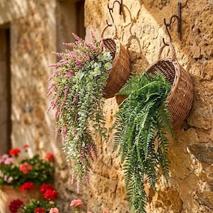 Peut inclure: Deux paniers en osier suspendus, remplis de verdure et de fleurs roses, ornent un mur en pierre texturé. Les paniers sont suspendus par des crochets en métal foncé. Des fleurs rouges et roses dans des pots en terre cuite sont visibles.