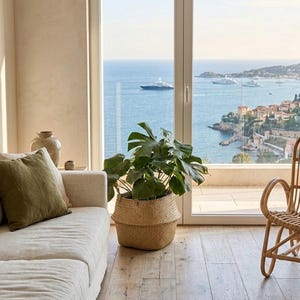May include: A living room scene with a large window overlooking the ocean. A woven basket holds a large green plant. A cream-colored sofa with an olive green pillow sits to the left. A wicker chair is on the right.