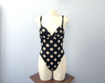 Vintage 80's black polkadot bathing suit / swim suit, high cut one piece, low cut back, size 10 medium