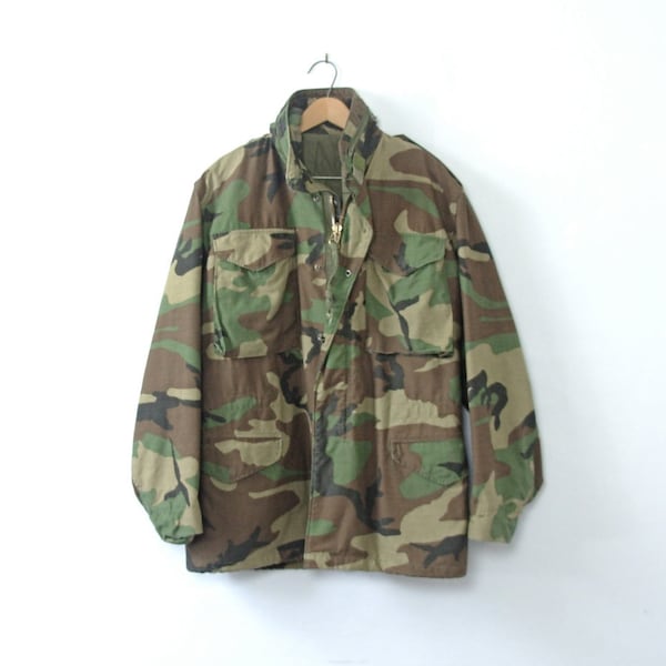 Chaqueta militar de camuflaje vintage de 1980, abrigo anorak militar, abrigo de invierno de camuflaje, chaqueta de campo M65, tamaño pequeño para hombres