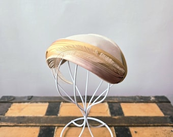 1950 velvet crescent fascinator hat with feather
