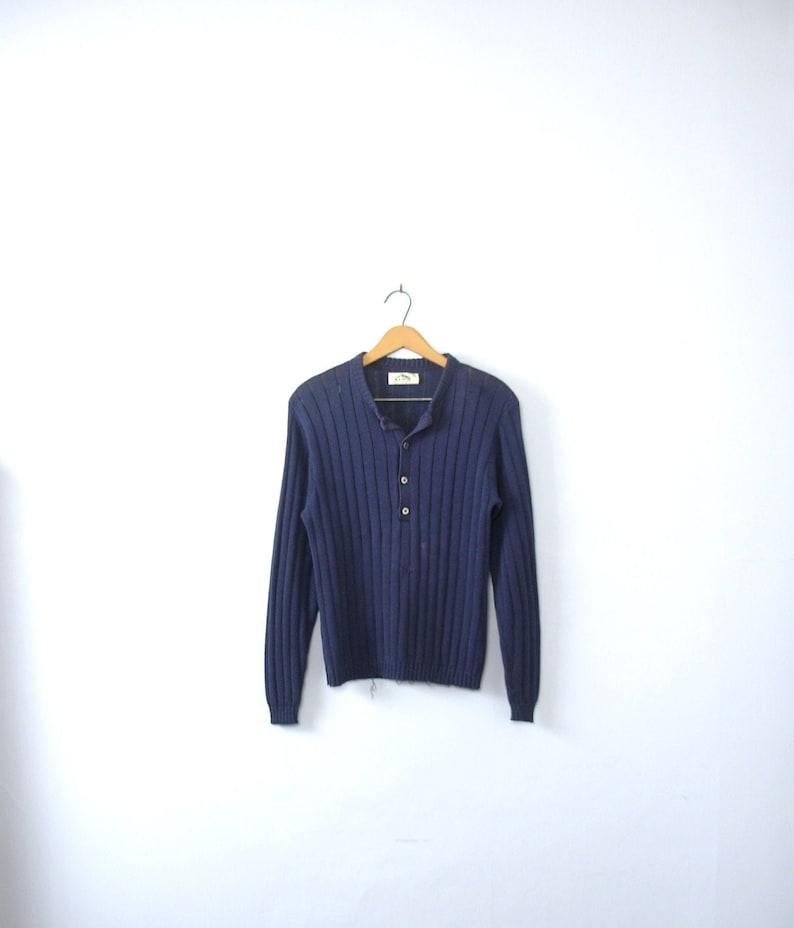 Vintage 70's navy blue henley sweater size small Etsy