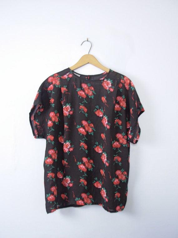 Vintage 80's sheer black top with roses, sheer bl… - image 1