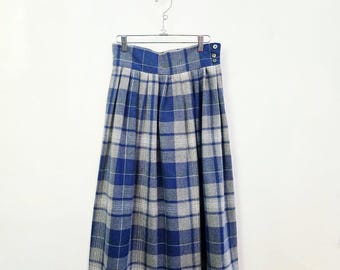 1980 blue plaid wool pleated skirt, small