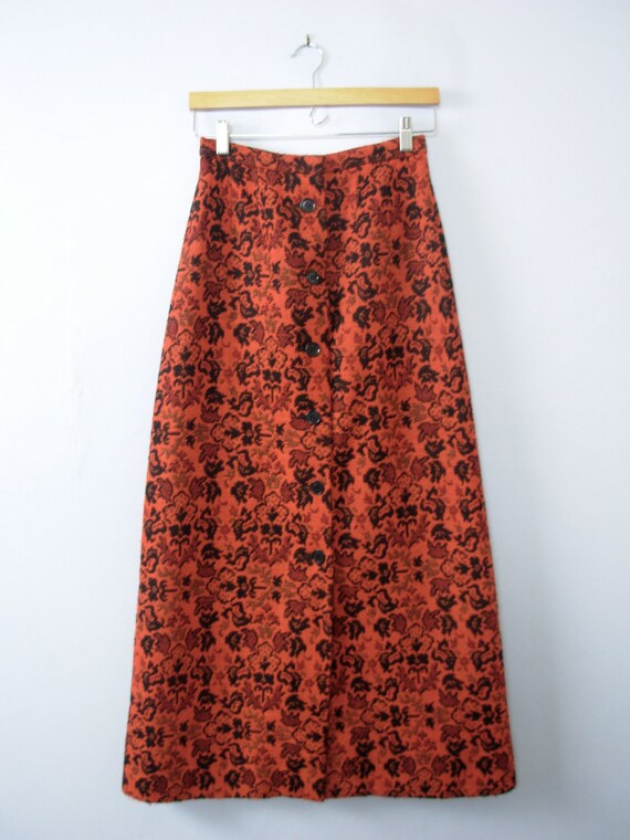 Vintage 70's floor length skirt, orange brocade lo