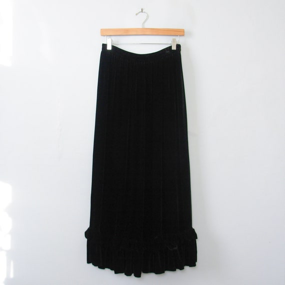 90's silk long black velvet skirt, women's medium