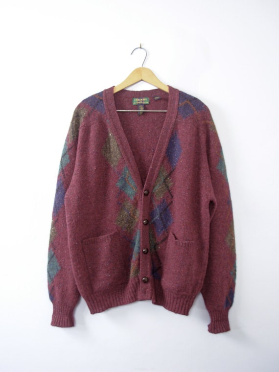 Vintage 90's purple wine argyle cardigan sweater wool | Etsy
