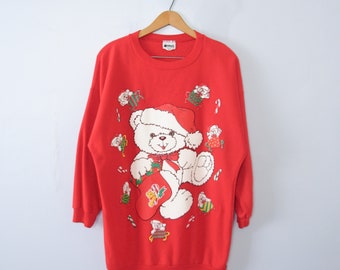 Vintage 80's cute teddy bear christmas sweatshirt, men's small