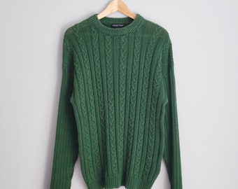 90's green cable knit sweater, men's large