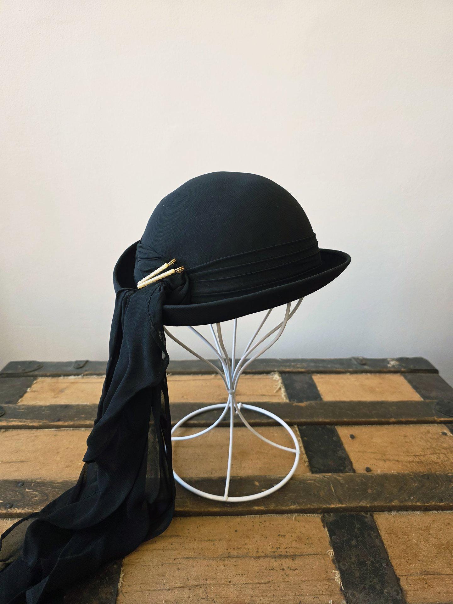 Wool Bowler Hat Navy With Black Lace Green Sequin Trim Elegant Classic Style brooke-black-blue-wool-felt-  main image 3