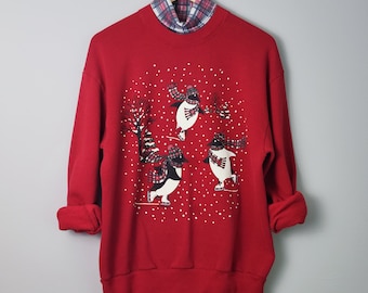 80's schattig pinguïn kerst sweatshirt, vrouwen maat groot