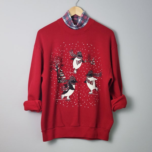 80's schattig pinguïn kerst sweatshirt, vrouwen maat groot