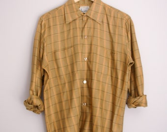 50's Shillito's yellow plaid button up shirt, men's size medium