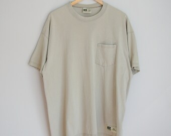 90's Russell effen beige pocket T-shirt, herenmaat XL