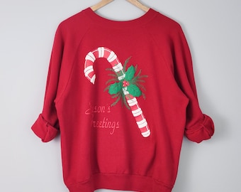 80's red candy cane Christmas sweatshirt, women's size XL