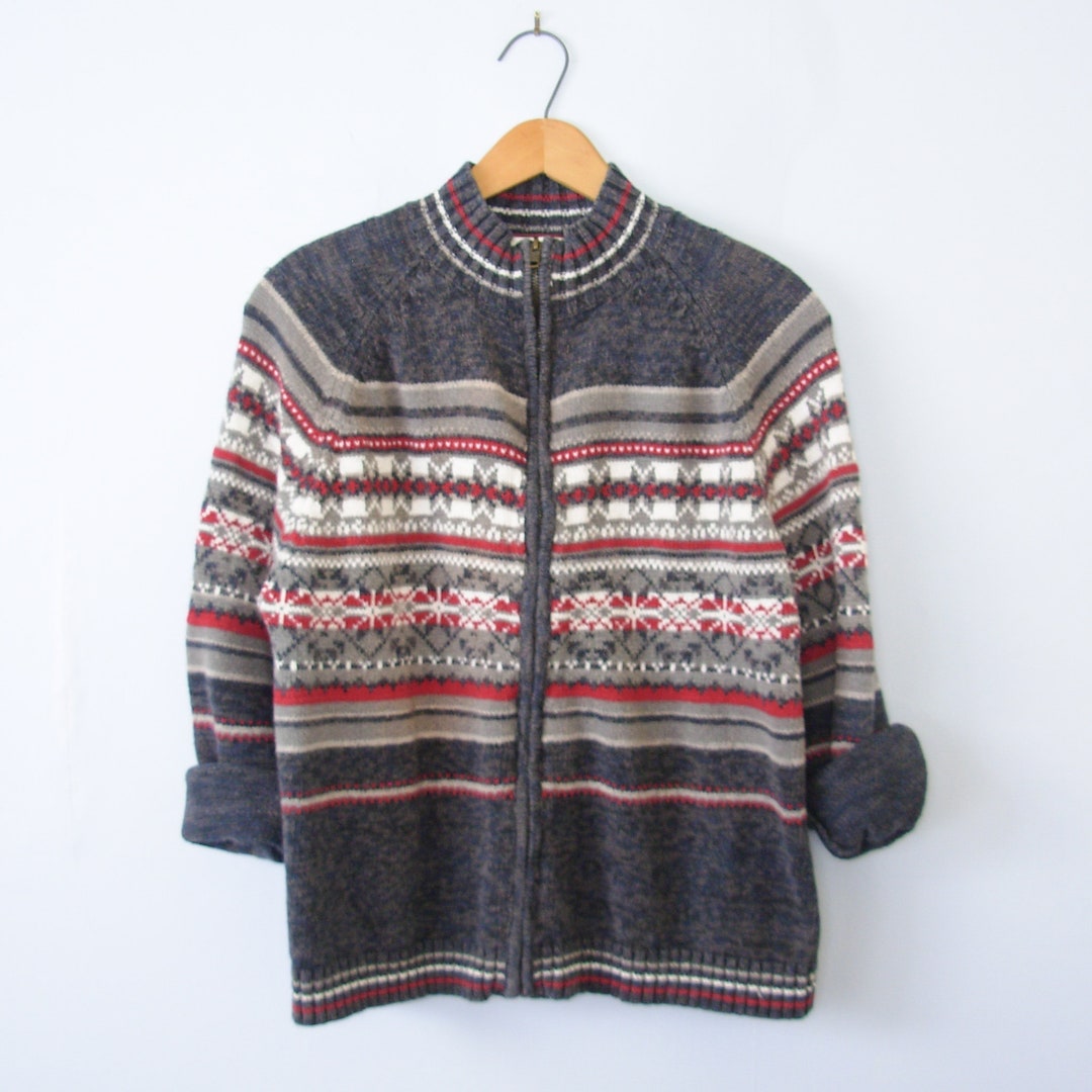 Vintage 90's Grey Fair Isle Cardigan Sweater Women's - Etsy